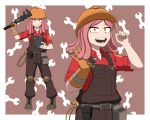  1girl belt belt_pouch boku_no_hero_academia cable cosplay engineer gloves goggles hardhat hatsume_mei helmet index_finger_raised knee_pads long_hair multiple_views open_mouth overalls pink_hair pouch simple_background single_glove smile standing symbol-shaped_pupils team_fortress_2 the_engineer the_engineer_(cosplay) wrench yellow_eyes ysd2552 
