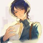  1boy absurdres blue_hair blue_shirt closed_mouth collared_shirt commentary eating english_commentary fading food grey_eyes hand_up highres holding holding_food holding_sandwich kitagawa_yuusuke long_sleeves looking_at_viewer male_focus medium_hair persona persona_5 pluvioseprince portrait sandwich shirt simple_background sketch solo white_background 