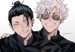  2boys blue_eyes closed_mouth commentary_request getou_suguru glasses gojou_satoru hair_pulled_back hand_on_another's_shoulder highres jujutsu_kaisen jujutsu_tech_uniform looking_at_viewer male_focus multiple_boys nashizato_(99) plug_(piercing) round_eyewear simple_background smile teeth twitter_username upper_body white_background 