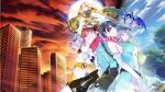  2girls 3boys absurdres aegiomon armor bare_shoulders bat_(animal) belt black_eyes black_hair blue_eyes breasts brown_hair building digimon digimon_(creature) digimon_story:_time_stranger dress goat_horns goggles goggles_on_head gold_armor gomamon green_dress green_eyes green_jacket grey_hair gun halo head_wings highres holding holding_gun holding_weapon horns jacket jupitermon jupitermon_wrath_mode large_breasts misono_inori multicolored_jacket multiple_boys multiple_girls official_art patamon picodevimon second-party_source short_dress short_hair skyscraper sleeveless sleeveless_dress sunset tonami_kanji tree trigger_discipline two-tone_jacket weapon white_dress white_jacket wings yasuda_suzuhito yellow_eyes yuuki_dan yuuki_kanan 