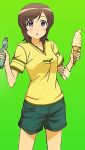  1girl 2015 blush brown_hair denim denim_shorts female food futsuu_no_joshikousei_ga_locodol_yattemita green_background ice_cream purple_eyes short_hair shorts solo usami_nanako 