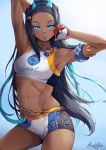  1girl abs arm_behind_head armlet bangs belly_chain black_hair blue_eyes blue_hair breasts clothes_writing contrapposto cowboy_shot dark_skin earrings gloves gradient gradient_background hair_bun highres hiroki_ree holding holding_poke_ball hoop_earrings jewelry long_hair looking_at_viewer multicolored_hair navel necklace parted_bangs poke_ball pokemon pokemon_(game) pokemon_swsh rurina_(pokemon) sidelocks signature simple_background smile solo swimsuit tankini toned two-tone_hair 