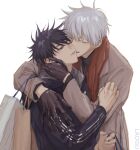  2boys arm_around_shoulder bag black_gloves black_hair black_jacket black_shirt brown_coat closed_eyes coat fushiguro_megumi gloves gojou_satoru gugulayle hair_between_eyes hand_in_another's_hair highres jacket jujutsu_kaisen kiss kissing_cheek male_focus multiple_boys one_eye_closed parted_lips red_scarf scarf shirt shopping_bag short_hair spiked_hair track_jacket upper_body white_background white_hair yaoi 
