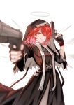  1girl absurdres aiming aiming_at_viewer arknights arm_up blurry blurry_foreground brown_dress brown_gloves chinese_commentary closed_mouth commentary_request cowboy_shot detached_wings dress dual_wielding exusiai_(arknights) finger_on_trigger fingerless_gloves foreshortening gloves grey_halo gun hair_over_one_eye halo handgun headscarf highres holding holding_gun holding_weapon looking_at_viewer medium_hair multicolored_eyes nun one_eye_covered orange_eyes outstretched_arm red_hair sallyface512 simple_background smile solo standing traditional_halo two-tone_eyes weapon white_background wings yellow_eyes 