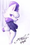  animal_crossing anthro arctic_wolf blush bottomless breasts butt canid canine canis clothed clothing female fur gingy_k_fox hair headgear headwear hi_res looking_back mammal nintendo purple_eyes simple_background solo video_games white_fur whitney_(animal_crossing) wolf 