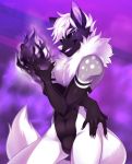  2019 5_fingers abstract_background anthro astel_omoria biped black_fur black_sclera canid canine canis digital_media_(artwork) drakkin eyebrows featureless_crotch front_view fur grey_fur hair hi_res magic male mammal multicolored_fur naturally_censored nude open_mouth portrait pose purple_eyes short_hair smile smirk solo standing teeth three-quarter_portrait white_eyebrows white_fur white_hair white_nose white_tail wolf 