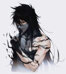  1boy absurdres bandages_over_mouth black_hair bleach body_markings clenched_hand covered_mouth cropped_torso grey_background hair_between_eyes highres kurosaki_ichigo long_hair male_focus messy_hair mugetsu_form_(bleach) n_(nauki_11) red_eyes single_bare_shoulder solo upper_body 