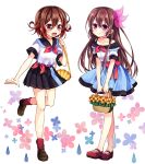  alternate_costume basket brown_eyes brown_hair flower hair_ornament kantai_collection kisaragi_(kantai_collection) long_hair mutsuki_(kantai_collection) nagasioo open_mouth purple_eyes shoes short_hair smile socks standing standing_on_one_leg twitter_username water_drop 