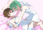  2girls absurdres alternate_costume angel angel_wings brown_eyes brown_hair dress fishnet_thighhighs fishnets from_side girl_on_top green_eyes green_hair halo hand_on_another's_arm heart heart_o-ring highres light_blush looking_at_another lying manimani_(mani_ma) monogatari_(series) multiple_girls o-ring on_back on_bed ononoki_yotsugi sengoku_nadeko short_hair sidelocks thighhighs traditional_halo two-tone_thighhighs white_dress wings wrist_cuffs yuri 