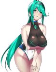  1girl bangs blush breasts chuu_sei earrings green_eyes green_hair jewelry large_breasts long_hair looking_at_viewer one-piece_swimsuit pneuma_(xenoblade_2) ponytail simple_background solo spoilers swept_bangs swimsuit very_long_hair xenoblade_(series) xenoblade_2 