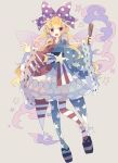  1girl alternate_costume american_flag american_flag_legwear american_flag_print bangs blush bow clownpiece earrings fairy_wings flag_print frills full_body hair_bow highres holding japanese_clothes jewelry long_hair nikorashi-ka open_mouth pantyhose polka_dot polka_dot_bow print_legwear sandals sharp_teeth simple_background smoke solo star star_earrings star_print striped teeth touhou wide_sleeves wings 