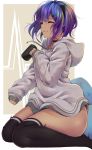  1girl alternate_costume black_legwear closed_eyes commentary_request cup dark_skin fate/grand_order fate_(series) hassan_of_serenity_(fate) highres holding holding_cup hood hood_down hoodie long_sleeves mug purple_hair seiza short_hair shunga_(shun608) sitting sleeves_past_wrists solo thighhighs 