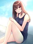  1girl :o bare_arms bare_legs bare_shoulders barefoot black_swimsuit blue_sky blush brown_hair commentary_request day feet_out_of_frame hand_on_own_knee head_tilt highres knee_up long_hair minami_saki one-piece_swimsuit original outdoors parted_lips red_eyes school_uniform sitting sky solo swimsuit 