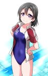  1girl bangs bare_legs black_hair blush breasts collarbone jacket large_breasts looking_at_viewer love_live! love_live!_sunshine!! love_live!_sunshine!!_the_school_idol_movie_over_the_rainbow one-piece_swimsuit pool purple_eyes short_hair smile solo swimsuit tiles track_jacket watanabe_tsuki water white_background yopparai_oni 