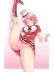  1girl absurdres boots breasts cowboy_shot giuseppe_garibaldi_(kantai_collection) gloves highres kantai_collection large_breasts leg_lift leg_up miniskirt panties pink_eyes pink_hair pink_panties pleated_skirt red_footwear red_shirt red_skirt shirt short_hair short_sleeves siki2046 skirt solo split standing standing_on_one_leg standing_split underwear white_gloves white_headwear 