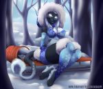  fluffy fur glowing glowing_eyes jackalope_(artist) sled snow snowflake solo tree winter 