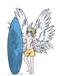  board bottomwear clothed clothing digimon digimon_(species) hi_res humanoid lucemon mabaya male not_furry shorts solo swimming swimming_trunks swimwear topless winged_humanoid wings 