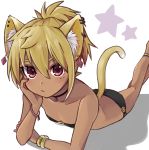  1girl :/ animal_ears bangs bikini blonde_hair blush cat_ears cat_girl cat_tail choker dark_skin ear_piercing earrings hair_between_eyes highres jewelry looking_at_viewer lying on_stomach original piercing pink_eyes ponytail roku_kyuu simple_background solo star swimsuit tail tail_raised white_background 