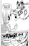  anthro breasts cheetah cleavage clothed clothing collar comic daigaijin dialogue duo ear_piercing ear_ring english_text felid feline female furryfight_chronicles hi_res lagomorph leotard leporid mammal monochrome muko nyarai_(furryfight_chronicles) piercing rabbit text under_boob wrestling 