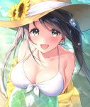  1girl :d ball bare_shoulders beachball bikini black_hair blush breasts brown_eyes cleavage collarbone day flower front-tie_bikini front-tie_top hair_bobbles hair_ornament halter_top halterneck hat hat_flower hat_ribbon jacket large_breasts long_hair looking_at_viewer masuishi_kinoto off_shoulder open_clothes open_jacket open_mouth original ribbon smile solo sun_hat sunflower sunlight swimsuit transparent twintails wet white_bikini yellow_jacket 