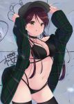  1girl :q absurdres adjusting_clothes adjusting_hat alternate_hairstyle amakawa_ruka ass_visible_through_thighs bikini black_legwear breasts cleavage collarbone commentary_request flush graffiti green_jacket hat highres jacket long_hair looking_at_viewer love_live! love_live!_sunshine!! medium_breasts navel open_clothes red_hair sakurauchi_riko smug solo swimsuit swimsuit_under_clothes thighhighs tongue tongue_out twintails upper_body wall yellow_eyes 
