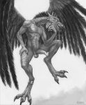  2016 abs absurd_res anthro avian balls beak bird chaos claws demon erection feathered_wings feathers hi_res humanoid_penis jewelry klongi lord_of_change male monochrome nude open_beak open_mouth pecs penis sharp_teeth solo spread_wings talons teeth toothed_beak tzeentch warhammer_(franchise) wings 