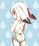  ambiguous_gender anthro blush clothed clothing cub diaper fur furgonomics hair lagomorph looking_at_viewer looking_back mammal red_eyes solo standing topless unrealplace white_fur white_hair young 