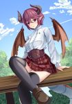  1girl :o black_legwear blue_sky blush breasts brown_footwear cloud commentary_request crossed_legs day dragon_girl dragon_horns dragon_wings granblue_fantasy grea_(shingeki_no_bahamut) highres horns manaria_friends medium_breasts plaid plaid_skirt pointy_ears purple_eyes purple_hair school_uniform shingeki_no_bahamut shirt shoes short_hair sitting_on_railing skirt sky solo thighhighs tree white_shirt wings yumibakama_meme 