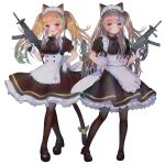  2girls 404_logo_(girls_frontline) :d alternate_costume animal_ears apron bangs bell black_footwear black_legwear blush breasts brown_hair cat_ears cat_tail closed_mouth commentary dress enmaided eyebrows_visible_through_hair fang framed_breasts frills full_body girls_frontline gloves grey_hair gun h&amp;k_ump h&amp;k_ump45 h&amp;k_ump9 hair_bell hair_between_eyes hair_ornament hairclip hanato_(seonoaiko) hand_on_hip heckler_&amp;_koch highres holding holding_gun holding_weapon jingle_bell long_hair looking_at_viewer maid maid_headdress mary_janes medium_breasts multiple_girls one_side_up open_mouth pantyhose puffy_short_sleeves puffy_sleeves red_eyes ribbon scar scar_across_eye shoes short_sleeves simple_background skin_fang smile submachine_gun tail tail_ribbon twintails twitter_username ump45_(girls_frontline) ump9_(girls_frontline) weapon white_background yellow_eyes 