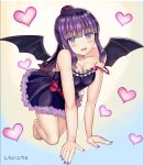  1girl all_fours bangs barefoot black_wings blue_eyes blunt_bangs blush breasts cleavage collarbone demon_wings dress eyebrows_visible_through_hair full_body heart long_hair looking_at_viewer medium_breasts nail_polish new_game! off_shoulder open_mouth ponytail purple_dress purple_hair purple_nails shiny shiny_hair shiny_skin shiroi_yuumi short_dress sleeveless sleeveless_dress solo takimoto_hifumi toenail_polish white_background wings 