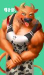  &lt;3 &lt;3_eyes 2019 anthro apron bedroom_eyes blush bodily_fluids bovid bovine breath brown_fur cattle clothing facial_piercing fur green_eyes half-closed_eyes hi_res horn ig looking_at_viewer male mammal muscular muscular_male nipple_piercing nipples nose_piercing nose_ring open_mouth open_smile panting pecs piercing saliva seductive simple_background smile solo sweat tongue tongue_out vein 