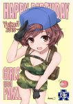  1girl 2019 akiyama_yukari anglerfish artist_name backpack backwards_hat bag bangs baseball_cap bikini bikini_shorts black_gloves blue_headwear breasts brown_eyes brown_hair camouflage camouflage_bikini character_name cleavage commentary copyright_name emblem english_text eyebrows_visible_through_hair girls_und_panzer gloves green_bikini happy_birthday hat heart highres kasai_shin leaning_forward leaning_to_the_side light_blush looking_at_viewer medium_breasts messy_hair ooarai_(emblem) open_mouth salute short_hair shorts signature smile solo standing swimsuit yellow_background 