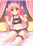  1girl :o animal_ears bangs bare_arms bare_shoulders barefoot bed bell bell_choker black_bra black_choker black_panties black_ribbon blush bra breasts cameltoe canopy_bed cat_cutout cat_ear_panties cat_ears cat_girl cat_lingerie cat_tail choker cleavage cleavage_cutout collarbone commentary_request curtains eyebrows_visible_through_hair fingernails frilled_bra frilled_panties frills groin hair_between_eyes hair_ribbon hands_up highres jingle_bell lace_border leg_garter long_hair looking_at_viewer medium_breasts meme_attire navel on_bed original panties parted_lips pillow pink_hair red_eyes ribbon side-tie_panties solo striped striped_background tail tail_raised two_side_up umitonakai underwear underwear_only vertical-striped_background vertical_stripes very_long_hair 