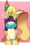  &lt;3 2019 accessory blonde_hair bra breasts butterfly_clip canid canine clothed clothing eyewear facial_piercing female fennec fox genital_piercing glasses hair hair_accessory hairclip hi_res kaiyonato lift_(disambiguation) mammal mojaloo nipples panties piercing pussy shirt_in_mouth smile solo underwear 