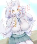  &lt;3 2019 4_fingers absurd_res anthro beverage big_breasts black_nose blush bottomwear breasts canid canine cheek_tuft clothing drinking eyes_closed female front_view fur ginko0101 hair happy hi_res holding_beverage holding_object japanese_text kemono long_hair mammal school_uniform sitting skirt smile solo sound_effects tailwag text tuft uniform white_fur white_hair 