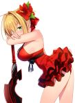  1girl aestus_estus arm_rest bare_shoulders blonde_hair bow breasts dress eyebrows_visible_through_hair fate/extra fate_(series) flower green_eyes hair_bow hair_flower hair_intakes hair_ornament halter_dress kei_(soundcross) large_breasts looking_at_viewer nero_claudius_(fate) nero_claudius_(fate)_(all) panties red_dress red_panties ruffled_skirt simple_background solo sword underwear weapon white_background 