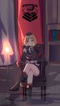  &gt;:) 1girl absurdres armchair bangs black_footwear black_gloves black_headwear black_jacket black_neckwear blonde_hair blurry blurry_background boots chair closed_mouth collared_shirt commentary crossed_legs depth_of_field eyebrows_visible_through_hair floor_lamp girls_frontline gloves hat highres jacket long_sleeves mini_hat mp40_(girls_frontline) on_chair parted_bangs red_eyes red_legwear shirt sitting smile socks solo tegar32 v-shaped_eyebrows white_shirt 