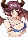  1girl 3: ahoge bikini_top blue_bikini_top blush breast_hold breasts cleavage collarbone commentary_request crossed_arms dragon_girl dragon_horns dragon_wings eyebrows_visible_through_hair granblue_fantasy grea_(shingeki_no_bahamut) highres horns large_breasts michael_nknkn neck_ribbon purple_hair red_eyes ribbon short_hair simple_background solo swimsuit wavy_mouth white_background white_ribbon wings wrist_wrap 