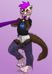  2019 absurd_res anthro black_eyes blush bodily_fluids brown_fur bulge clothed clothing collar compression_artifacts domestic_ferret fur genital_fluids hair hi_res leash male mammal mustela mustelid musteline nasa omorashi pants_down partially_clothed peeing petplay pink_hair purple_hair redfeatherstorm roleplay simple_background solo tan_fur underwear urine watersports wetting 