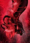  2018 absurd_res ambiguous_gender black_scales digital_media_(artwork) dragon feral hair hi_res horn mistyrdis open_mouth red_eyes red_hair scales simple_background solo teeth tongue 
