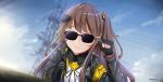  1girl armband bangs black_gloves brown_hair closed_mouth cyberpunk cyberpunk_2077 english_commentary fingerless_gloves girls_frontline gloves highres jacket keanu_reeves long_hair long_sleeves mocharedta one_side_up parody solo sunglasses ump45_(girls_frontline) upper_body 