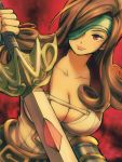  1girl beatrix_(ff9) belt breasts brown_eyes brown_hair cleavage closed_mouth commentary_request curly_hair eyepatch final_fantasy final_fantasy_ix gloves ichi_(pixiv6373491) large_breasts long_hair looking_at_viewer save_the_queen smile solo sword weapon 