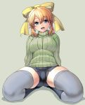  1girl bangs blonde_hair blue_eyes bow breasts earrings eyebrows_visible_through_hair green_background hair_between_eyes hair_bow highres jewelry kneeling large_breasts looking_at_viewer masao open_mouth original ribbed_sweater short_hair shorts solo spread_legs sweater thighhighs yellow_bow 