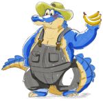  2019 alligator alligatorid animated anthro apron banana blue_body blush clothing crocodilian cute_fangs food fruit hat headgear headwear hi_res holding_food holding_object humanoid_hands kamui_shirow looking_at_viewer male nintendo one_eye_closed plant reptile sale_(zelda) scalie simple_background solo the_legend_of_zelda video_games white_background wink 