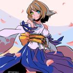  1girl blue_eyes breasts brown_hair closed_mouth detached_sleeves final_fantasy final_fantasy_x green_eyes hair_ornament hakama heterochromia japanese_clothes looking_at_viewer short_hair smile solo sunagimo_(nagimo) yuna_(ff10) 