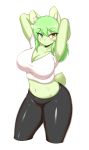  absurd_res anthro blush breasts clothed clothing female fur green_eyes green_fur green_hair hair hands_behind_head heterochromia hi_res inner_ear_fluff mammal midriff navel portrait red_eyes simple_background smile solo tailzkim three-quarter_portrait white_background white_fur 