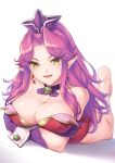  1girl :d angela_(seiken_densetsu_3) bare_legs bare_shoulders barefoot breasts cleavage collarbone crossed_arms earrings eyebrows_visible_through_hair eyes_visible_through_hair gloves green_eyes hair_intakes hat highres jewelry kanata_(kanata_onion) large_breasts leotard long_hair looking_at_viewer mini_hat open_mouth pointy_ears purple_gloves purple_hair purple_headwear red_leotard seiken_densetsu seiken_densetsu_3 shadow smile solo strapless strapless_leotard teeth white_background wrist_cuffs 