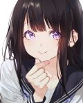  1girl artist_name bangs black_hair blunt_bangs blush chitanda_eru closed_mouth collarbone finger_to_chin fingernails hair_between_eyes hand_up highres holding hyouka long_hair long_sleeves looking_at_viewer mery_(apfl0515) neckerchief portrait purple_eyes sailor_collar school_uniform serafuku shirt sidelocks simple_background smile solo watermark white_background white_shirt 