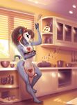  anthro apron breasts clothing cooking counter female hi_res kitchen ladychimaera mask monster music radio sharpe side_boob singing solo standing 