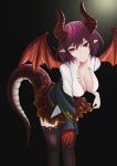  1girl apoile_(mimskai) black_background black_legwear breasts cleavage collarbone commentary_request dragon_girl dragon_horns dragon_tail dragon_wings eyebrows_visible_through_hair granblue_fantasy grea_(shingeki_no_bahamut) hair_between_eyes hanging_breasts head_tilt highres horns large_breasts leaning_forward pleated_skirt purple_hair red_eyes red_skirt school_uniform shirt short_hair skirt slit_pupils smile solo tail thighhighs white_shirt wings zettai_ryouiki 